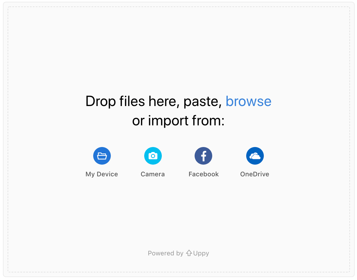 Screenshot showing Uppy file uploader with Facebook and OneDrive options